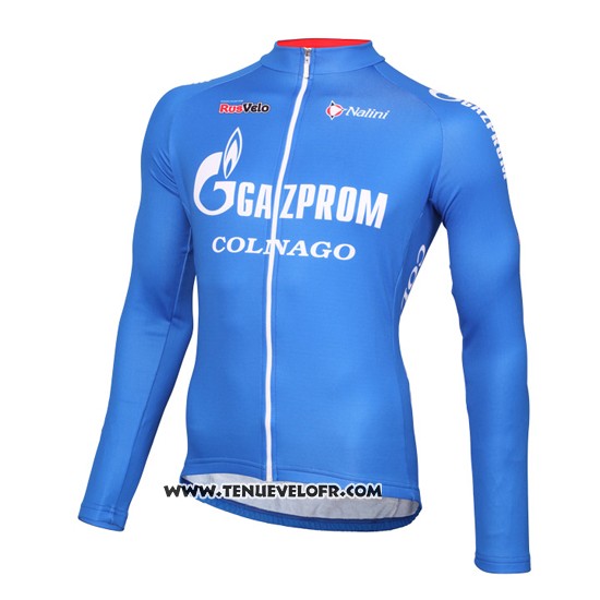 2016 Maillot Ciclismo Gazprom Rusvelo Colnago Bleu et Blanc Manches Longues et Cuissard